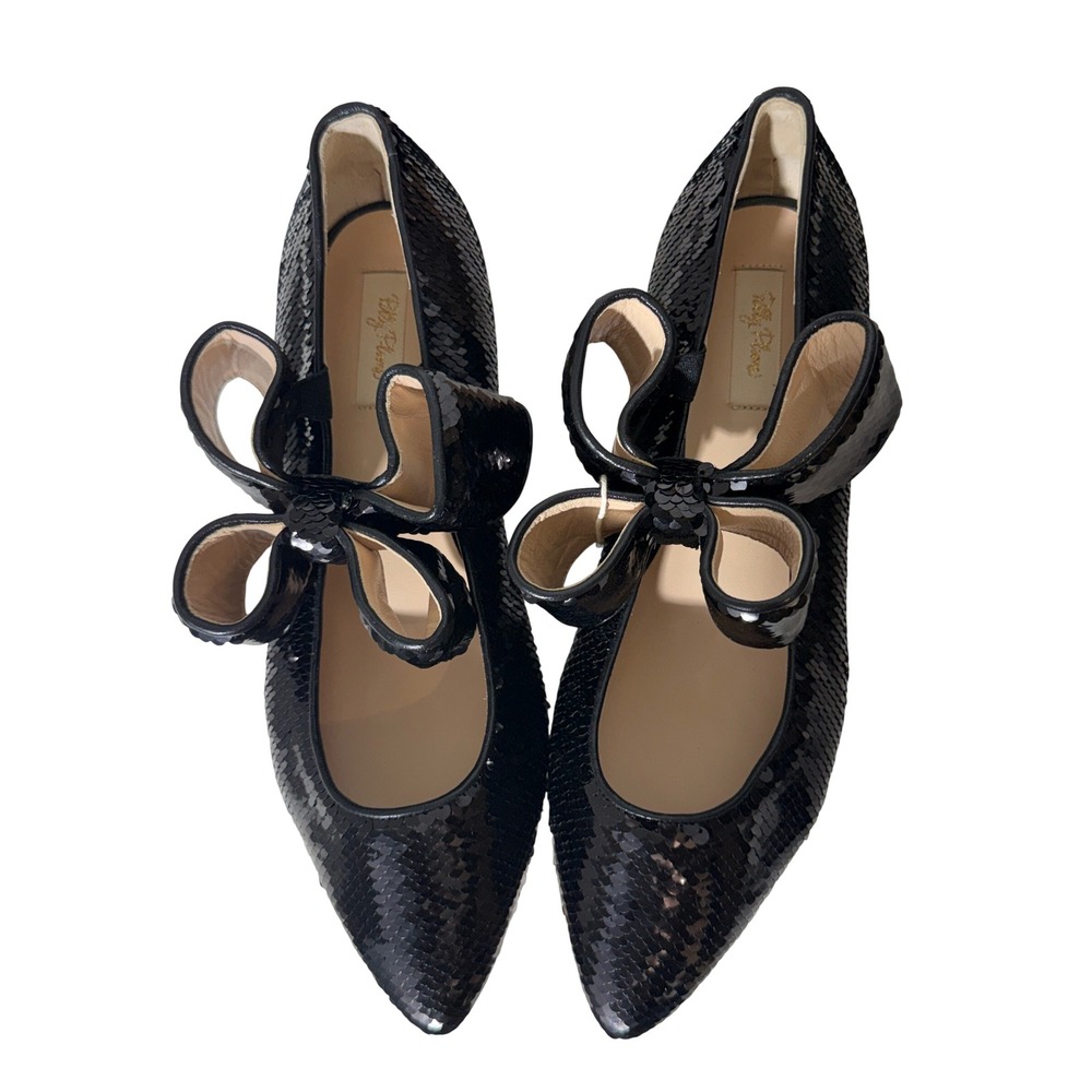 Polly Plume Bonnie Black Sequin Pointed Toe Bow Flat Made in Italy Size 40 Women - Picture 4 of 8